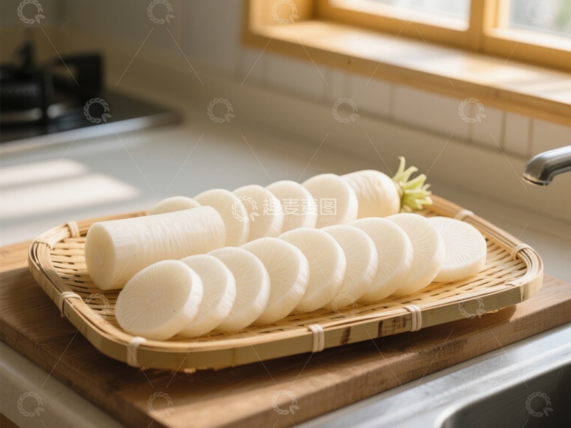 高清大图下载【趣麦麦图】切片萝卜置于竹篮中