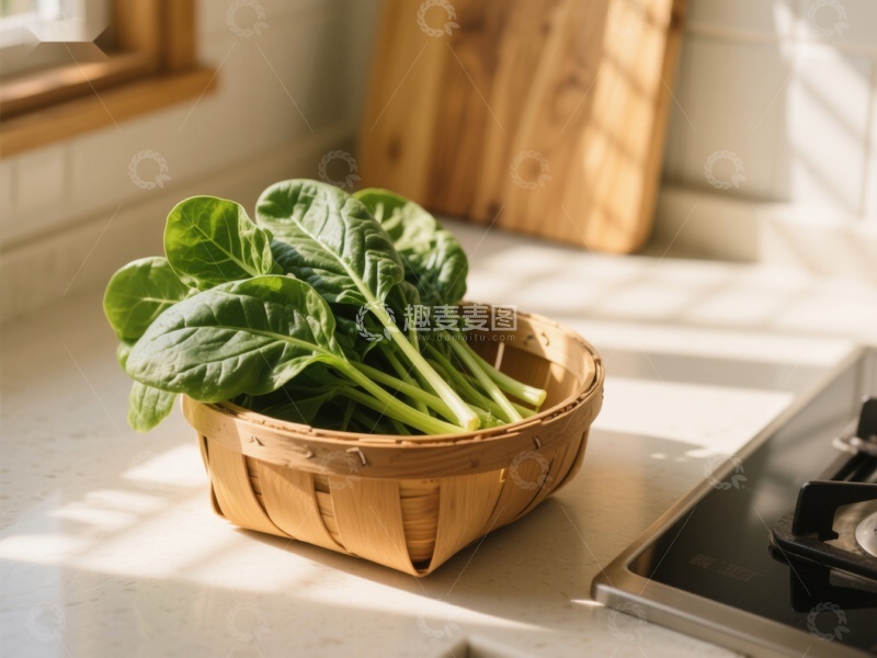 高清大图下载【趣麦麦图】厨房台面上的菠菜篮
