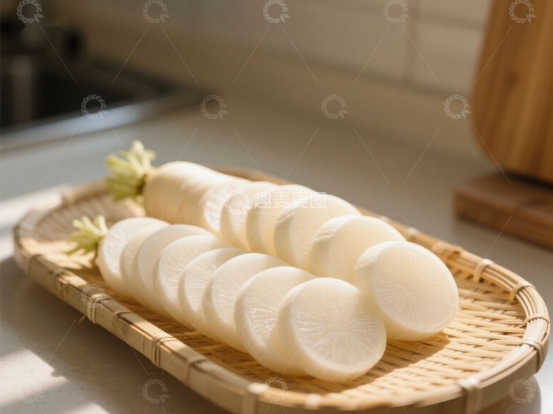 高清大图下载【趣麦麦图】切片白萝卜置于竹篮中