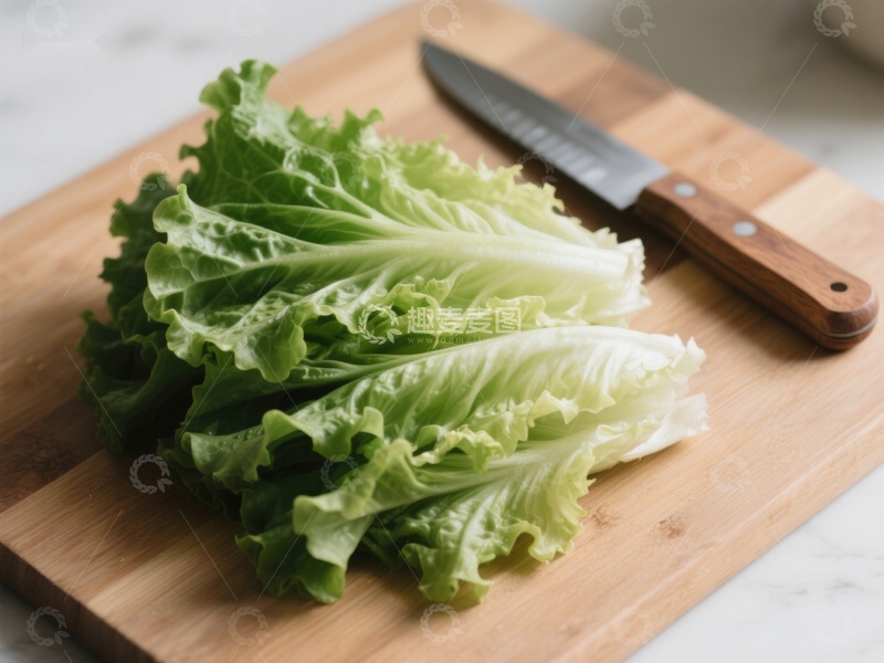 高清大图下载【趣麦麦图】生菜与刀具置于木制砧板上