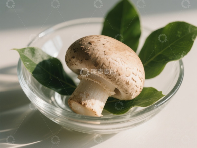 高清大图下载【趣麦麦图】玻璃碗中的蘑菇与绿叶