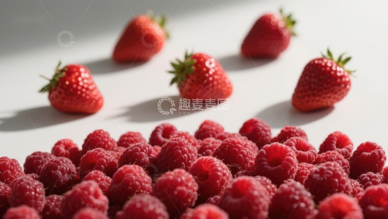 高清大图下载【趣麦麦图】新鲜草莓与覆盆子的静物组合
