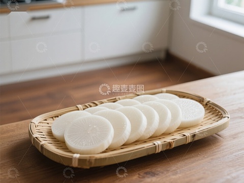 竹盘上的切片萝卜