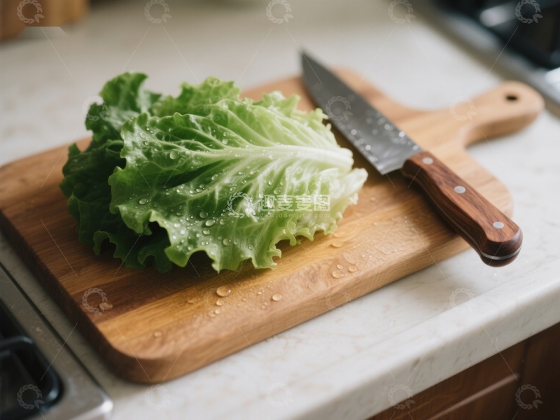 高清大图下载【趣麦麦图】生菜与刀置于木砧板上