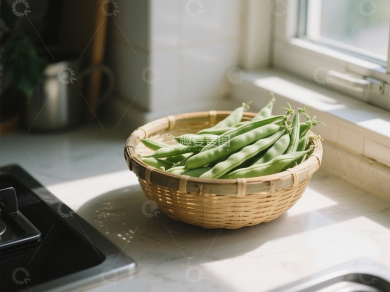 高清大图下载【趣麦麦图】窗边竹篮里的新鲜豆荚
