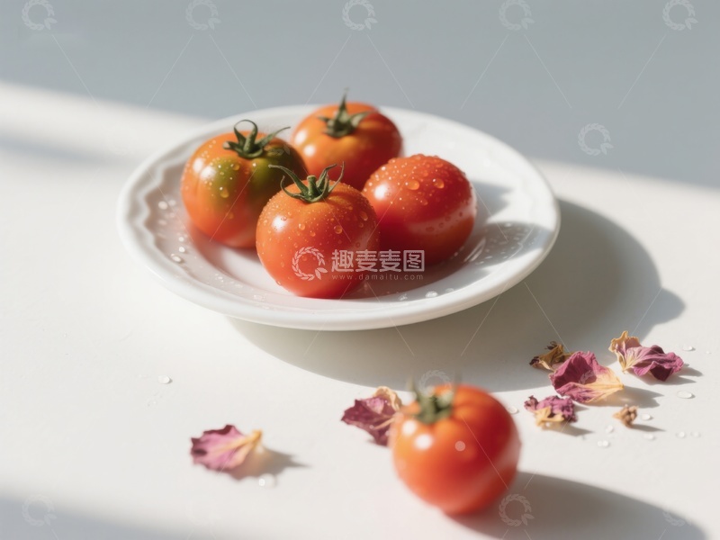 高清大图下载【趣麦麦图】盘中樱桃番茄与花瓣的静物
