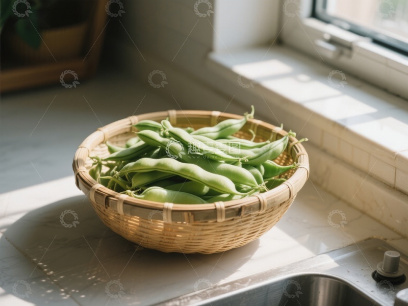 高清大图下载【趣麦麦图】竹篮中的新鲜豆荚