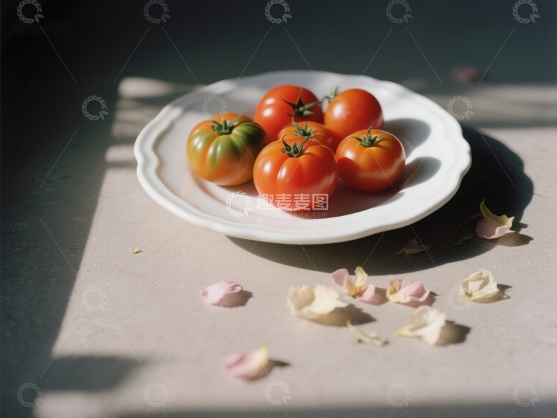 高清大图下载【趣麦麦图】盘中番茄与花瓣的静谧光影