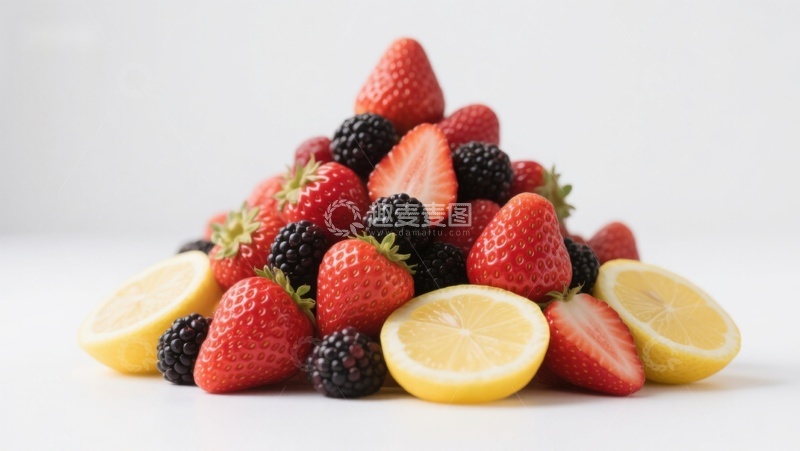高清大图下载【趣麦麦图】新鲜草莓黑莓与柠檬片堆叠