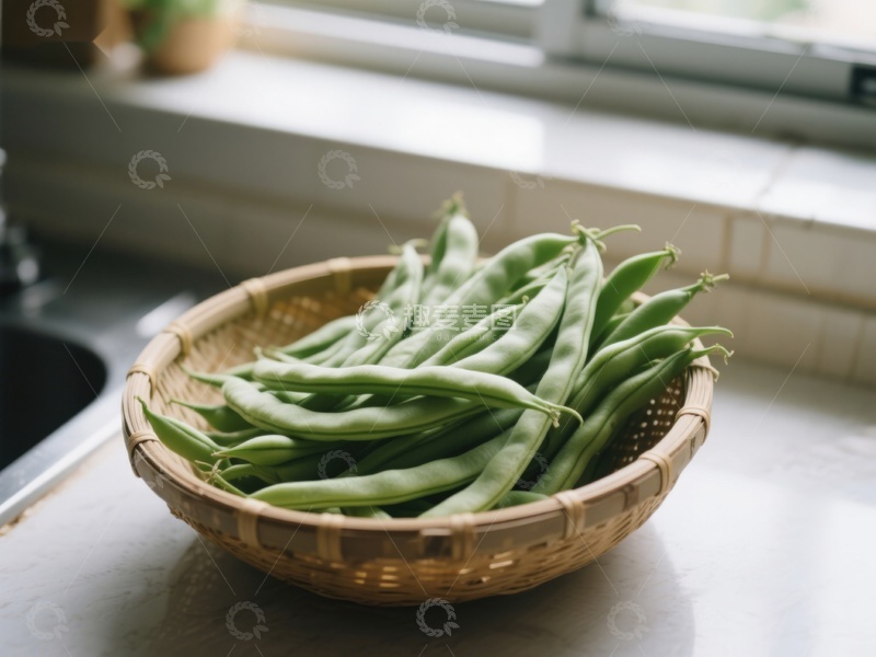 高清大图下载【趣麦麦图】竹篮中的新鲜四季豆