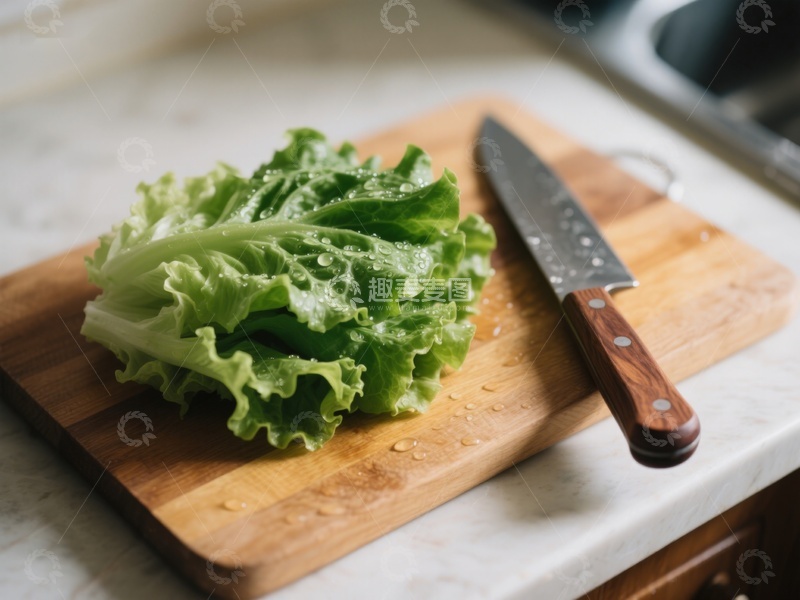 高清大图下载【趣麦麦图】生菜与刀具置于砧板之上