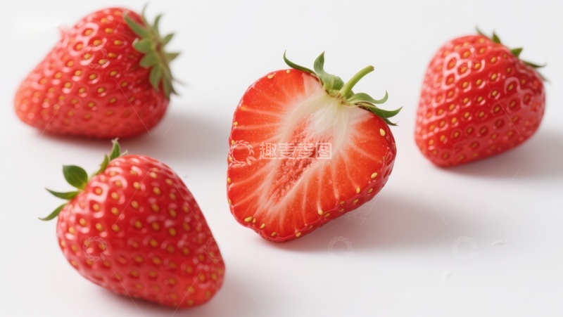 高清大图下载【趣麦麦图】新鲜草莓特写，一颗切半展示内部