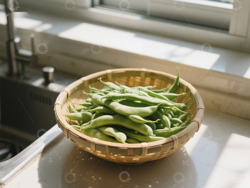 高清大图下载【趣麦麦图】竹篮中的新鲜四季豆