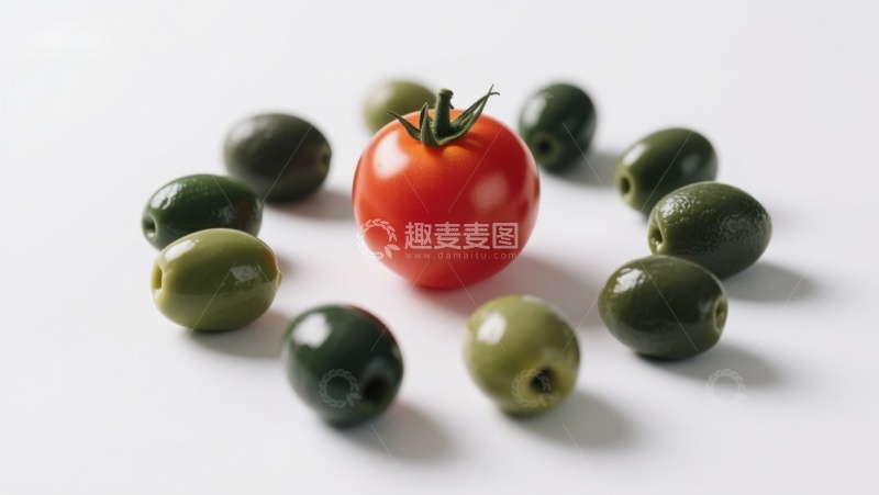 高清大图下载【趣麦麦图】红番茄与绿橄榄的环绕排列