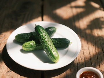 盘中新鲜黄瓜与酱料