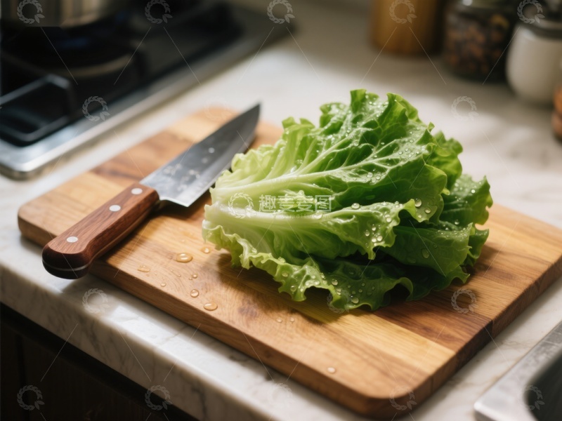 高清大图下载【趣麦麦图】新鲜生菜置于木质砧板上