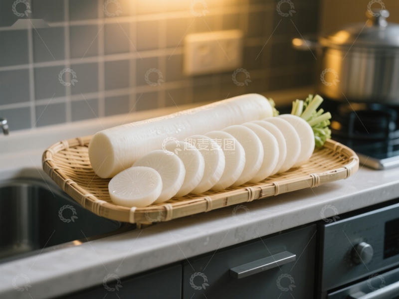 高清大图下载【趣麦麦图】切片白萝卜置于竹盘之上