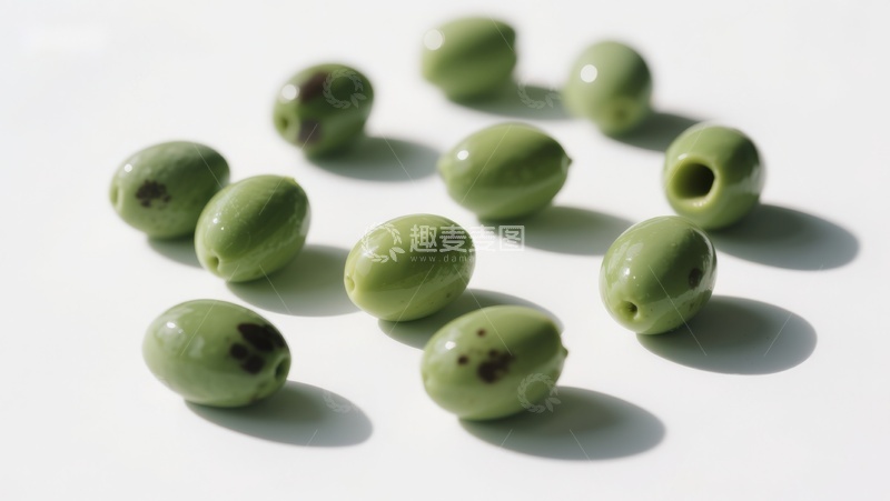 高清大图下载【趣麦麦图】绿色橄榄散落白色背景