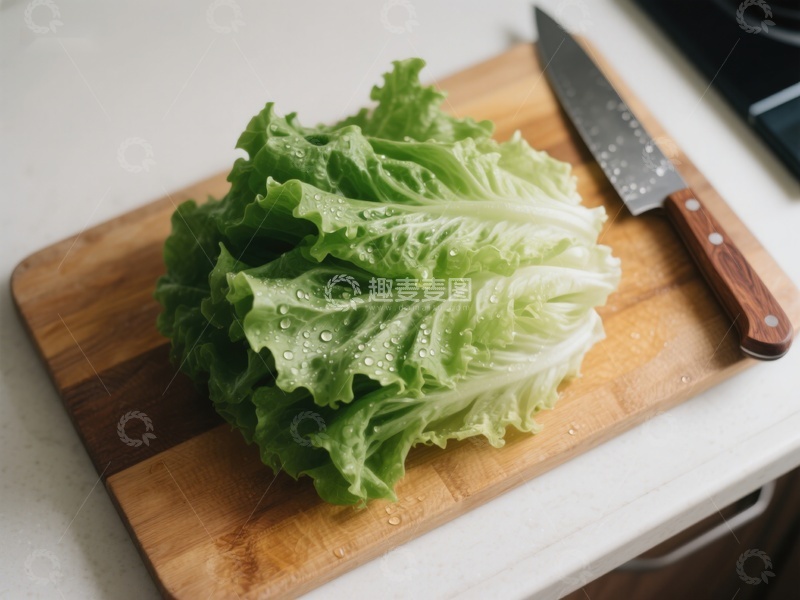 高清大图下载【趣麦麦图】新鲜生菜置于木质砧板上