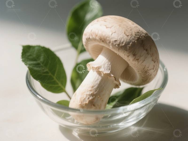 高清大图下载【趣麦麦图】玻璃碗中的蘑菇与绿叶