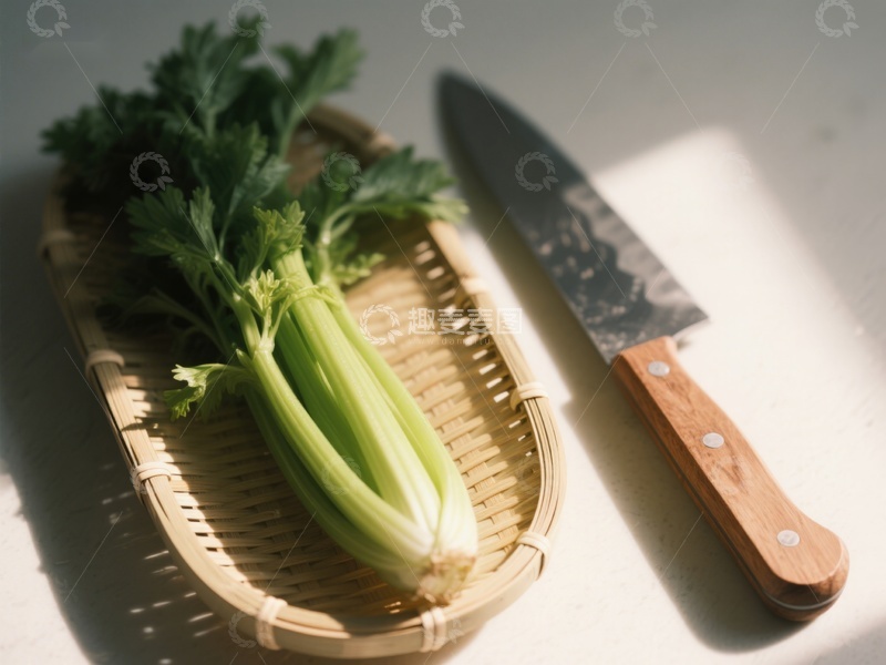 高清大图下载【趣麦麦图】芹菜与刀具静置竹篮