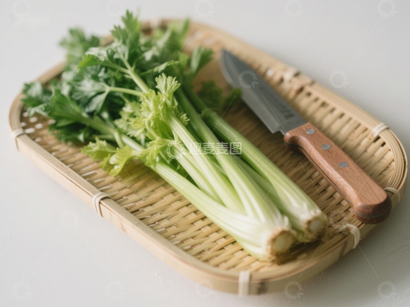 高清大图下载【趣麦麦图】新鲜芹菜与刀具置于竹篮