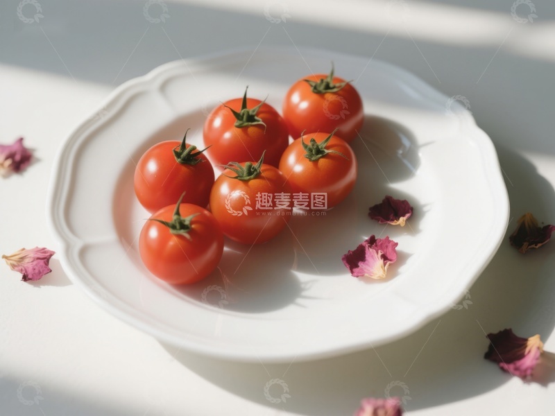 高清大图下载【趣麦麦图】盘中樱桃番茄与花瓣的静谧组合