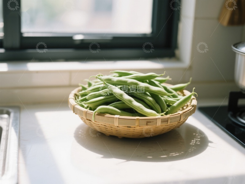 高清大图下载【趣麦麦图】窗边竹篮中的新鲜四季豆