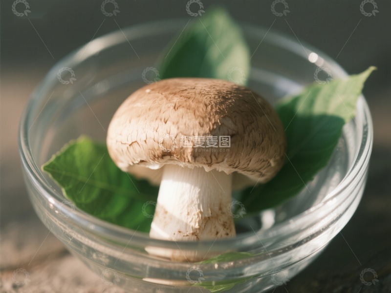 高清大图下载【趣麦麦图】玻璃碗中的蘑菇与绿叶
