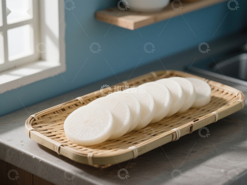 高清大图下载【趣麦麦图】切片萝卜置于竹编托盘