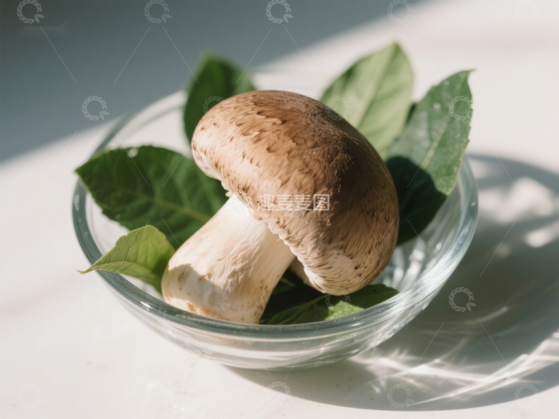 高清大图下载【趣麦麦图】玻璃碗中的蘑菇与绿叶