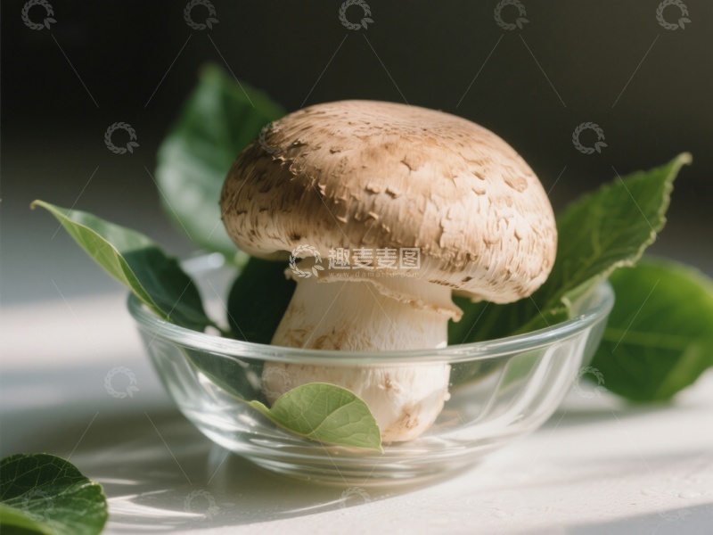 高清大图下载【趣麦麦图】玻璃碗中的蘑菇与绿叶
