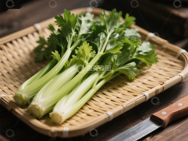 高清大图下载【趣麦麦图】新鲜芹菜置于竹编托盘