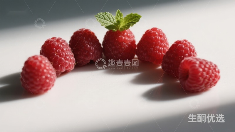 高清大图下载【趣麦麦图】新鲜覆盆子与薄荷叶的静物图