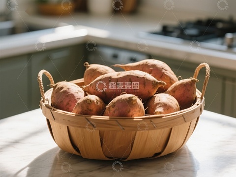 厨房台面上的红薯篮子