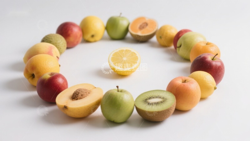 高清大图下载【趣麦麦图】多彩水果围成圆圈，柠檬居中