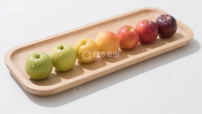 高清大图下载【趣麦麦图】色彩渐变的水果排列在木质托盘上