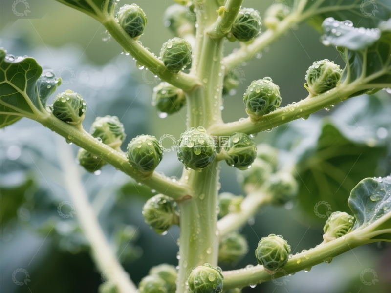 高清大图下载【趣麦麦图】雨滴点缀的抱子甘蓝植株