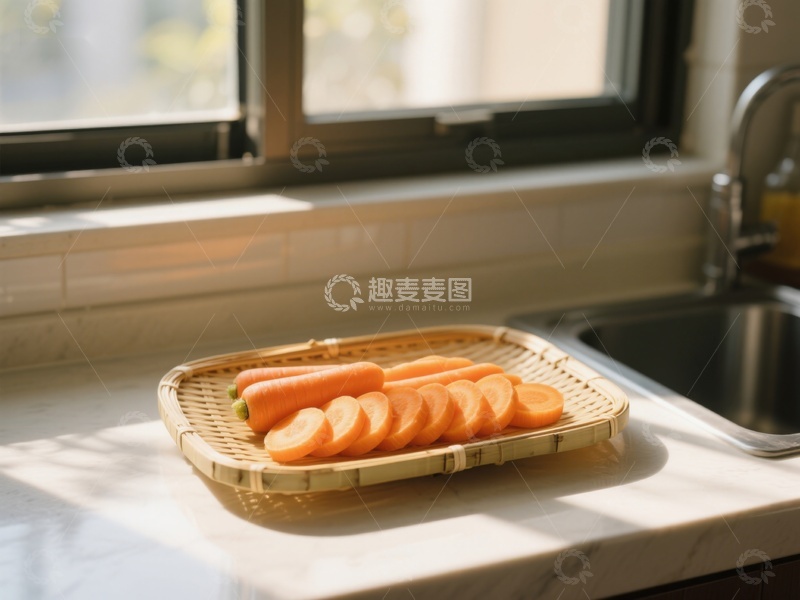高清大图下载【趣麦麦图】厨房窗边的胡萝卜切片