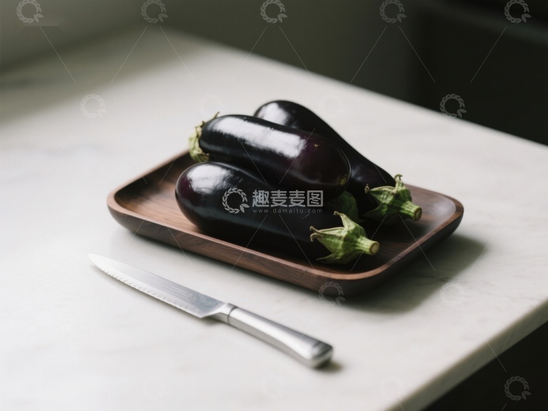 高清大图下载【趣麦麦图】盘中茄子与刀具