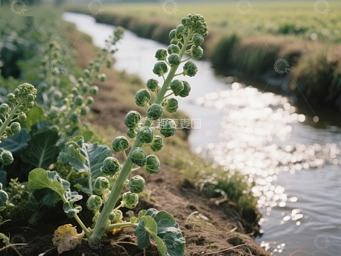 田间生长的球芽甘蓝与流水