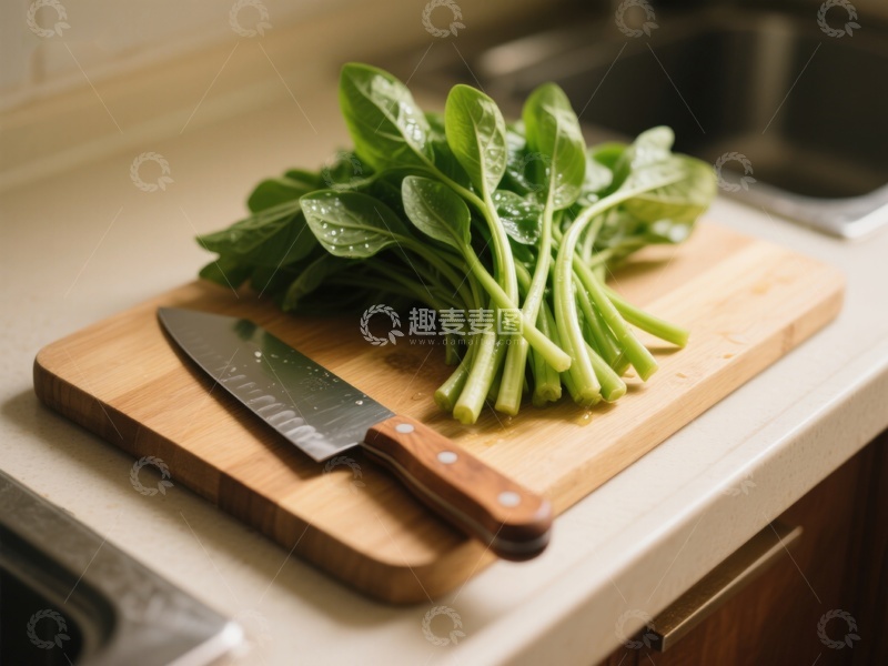 高清大图下载【趣麦麦图】-新鲜菠菜置于砧板与刀旁