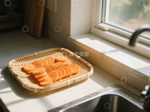 窗边竹篮中的切片胡萝卜