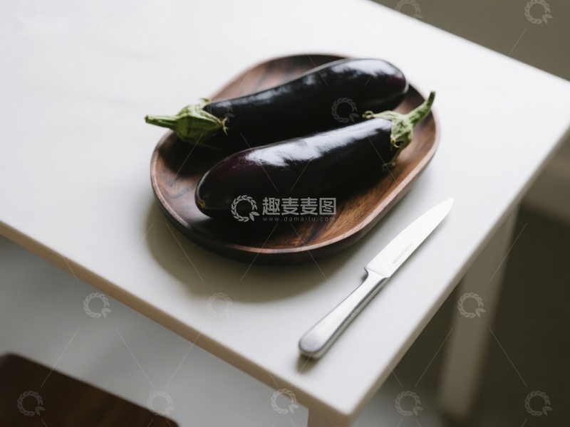 高清大图下载【趣麦麦图】木盘上的两根茄子与刀具