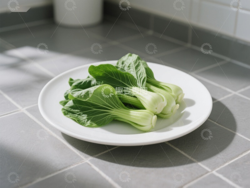 高清大图下载【趣麦麦图】新鲜青菜置于白色盘中