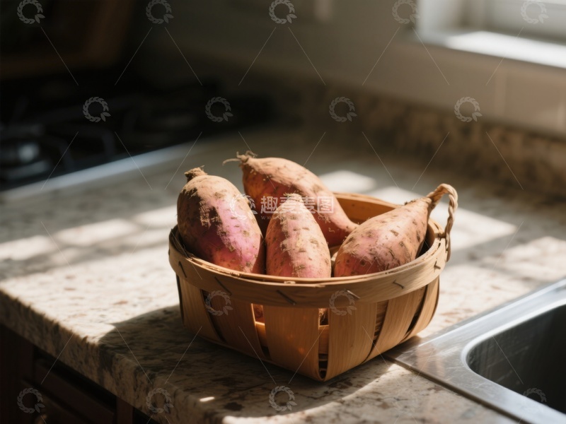 高清大图下载【趣麦麦图】厨房台面上的红薯篮