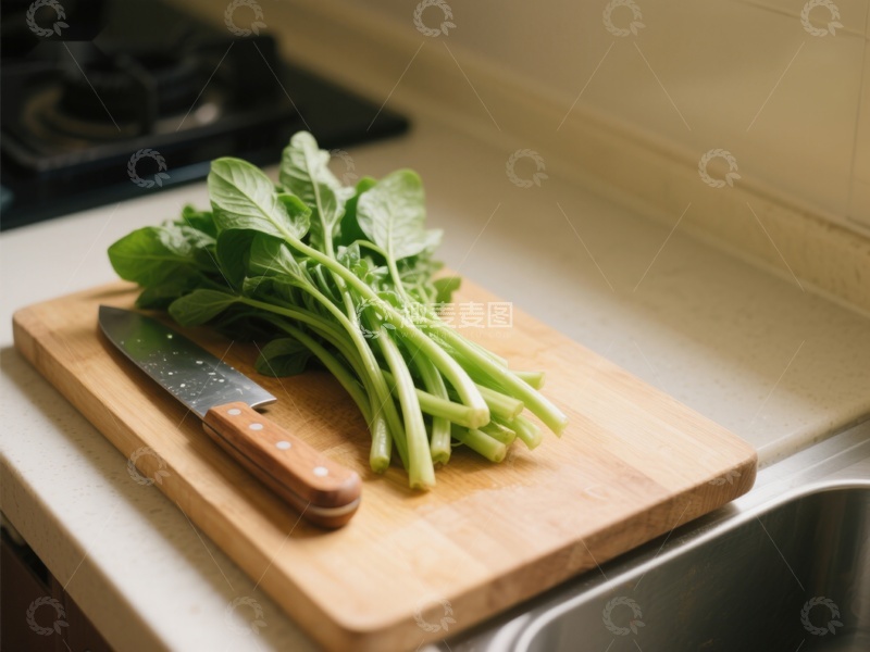 高清大图下载【趣麦麦图】-厨房砧板上的新鲜绿叶蔬菜