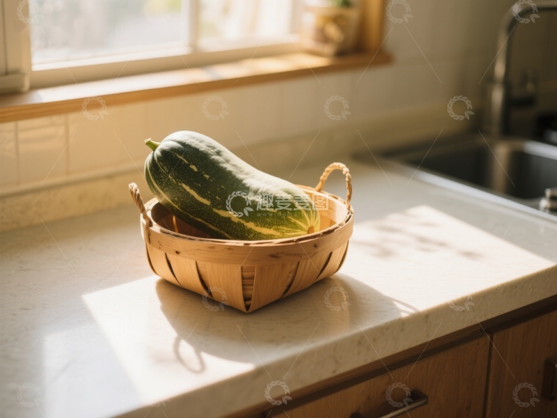 高清大图下载【趣麦麦图】厨房台面上的篮子装着绿色蔬菜