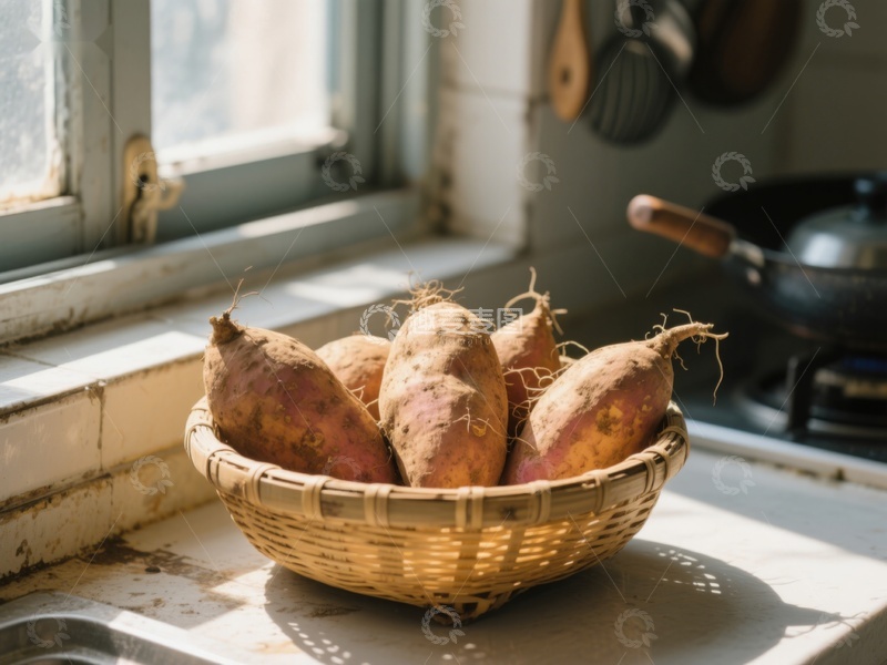 高清大图下载【趣麦麦图】窗边竹篮中的红薯