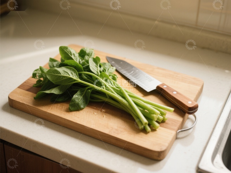 高清大图下载【趣麦麦图】新鲜菠菜与刀具置于砧板上